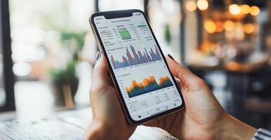 A person is holding a smartphone displaying a banking application. The screen features various graphs and transaction information related to financial statements. photo