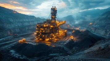 This site features advanced machinery engaged in mineral extraction and processing at twilight, highlighting infrastructure amidst a quarry laden with coal and debris. photo