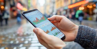 A person reviews a banking app on a smartphone while standing on a bustling city street. The screen displays transaction graphs, indicating financial activities during a busy shopping day. photo