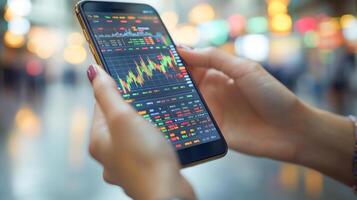A person is using a smartphone to check financial data and perform banking transactions. The screen displays a vibrant, detailed chart with various data points and transaction information. photo