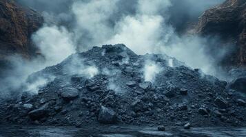 A coal mound rises in a mining area, with steam emerging, illustrating the extraction of minerals. Heavy machinery is likely present, engaged in quarry operations. photo