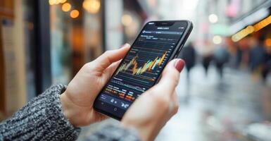 A person holds a smartphone displaying banking transaction details with fluctuating graphs. The background is a bustling city street, creating a dynamic environment for mobile banking activities. photo