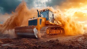 A large bulldozer operates at a mining location during sunset, generating significant dust and demonstrating its capability in excavating and processing minerals from the earth. photo