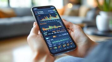 A person checks their banking app on a smartphone, reviewing transaction details and financial statements. The setting is a cozy home with soft lighting, indicating a relaxed atmosphere. photo