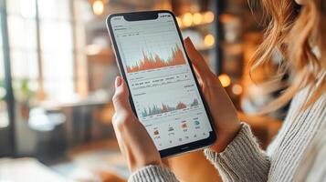 A person checks their mobile banking app in a cozy setting. The screen displays transaction details, account balances, and a graphical statement of recent activity in a warm-lit environment. photo