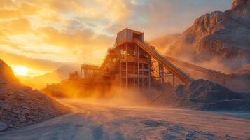 As the sun sets behind mountains, a mining facility stands tall amidst dust and rocks, showcasing heavy machinery involved in mineral extraction and processing activities. photo