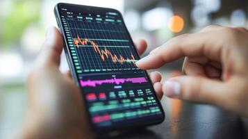 A person is using a smartphone to verify a banking transaction. The screen displays a detailed financial statement with graphs and charts. The setting suggests a focus on secure banking activities. photo