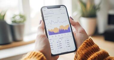 A person is holding a smartphone displaying a financial app with transaction data and verification details. photo