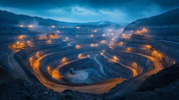 Excavation activity is underway at a vast mining site during dusk, featuring illuminated machinery and layered quarry formations, highlighting mineral extraction efforts. photo
