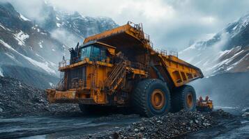 A large mining truck is engaged in transporting minerals from a quarry site surrounded by mountains. Workers can be seen directing operations as clouds loom overhead. photo