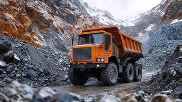 A heavy duty truck drives along a rugged road in a mineral extraction area, with bright orange rock formations and snow capped mountains in the background during overcast weather. photo