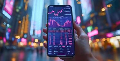 A smartphone displays banking transaction verification and financial statements in a vibrant city setting at night, illuminated by colorful lights reflecting modern banking technology. photo