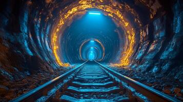 Workers are in an underground mining tunnel with glowing walls. Steel tracks lead deeper into the earth, indicating extensive extraction and processing operations in the area. photo