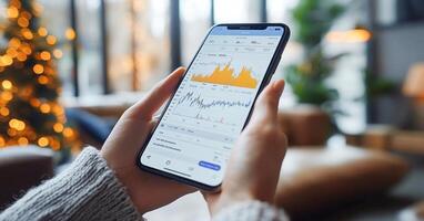 A user interacts with a smartphone displaying banking transaction graphs and statements. The cozy indoor setting is decorated for the holiday season, suggesting a blend of finance and festive cheer. photo