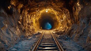 A mining tunnel showcases railway tracks that navigate through rock formations, illuminated softly by overhead lights. The exit reveals bright blue light inviting exploration. photo