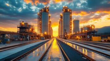 Sunset light illuminates a mining and extraction facility featuring large silos and railway tracks reflecting water, highlighting the industrial operations and infrastructure. photo