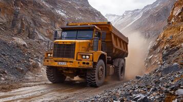 A heavy duty truck navigates through rocky paths amidst steep mountains, engaged in mineral extraction activities at a remote quarry site. photo