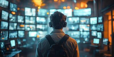 A person with headphones stands focused in a dimly lit room surrounded by multiple screens displaying financial data and transaction statements, emphasizing the importance of mobile banking security. photo