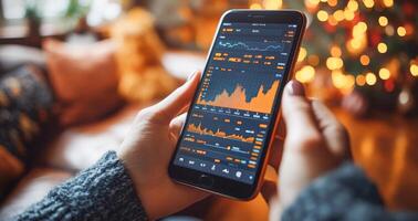 A person uses a smartphone to verify a banking transaction, analyzing financial statements and graphs. photo