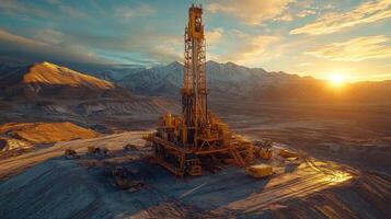 A drilling rig stands prominently in a rugged landscape as the sun rises, illuminating the surrounding mountains and highlighting efforts in mineral extraction and infrastructure. photo