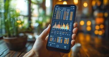 A person holds a smartphone displaying banking transaction statistics and verification data. photo