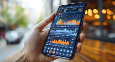 A user interacts with a mobile banking application outdoors. The screen displays financial data including transaction verification and account statements with colorful graphs. photo