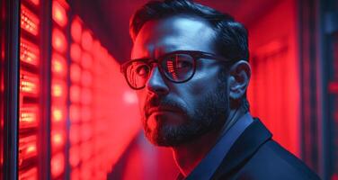 A man wearing glasses stands in a brightly lit environment, focused on completing a banking transaction. The vivid red light adds intensity to the scene, emphasizing the importance of verification. photo
