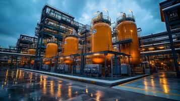 Industrial site showcasing large illuminated storage tanks and advanced infrastructure for mineral processing and extraction in a mining operation during twilight hours photo