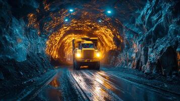 A large mining truck drives through an underground tunnel during a mineral extraction operation. Bright lights illuminate the rock walls and wet ground, showcasing the mining activity. photo