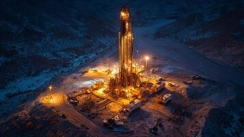 This location features a large drilling rig surrounded by machinery and lights, all active during the night for mineral extraction and processing in a remote area. photo