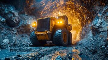 Large mining equipment moves through a cavernous tunnel, illuminated by its lights, as it performs excavation and mineral extraction in a busy mining operation. photo