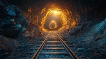 Rails stretch into a dark mining tunnel, illuminated by warm orange lights. The rocky walls show signs of excavation, highlighting the infrastructure used in mineral extraction. photo