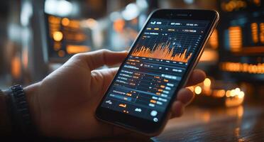 A person interacts with a smartphone displaying banking transaction details and verification metrics. The user reviews financial statements in a dimly lit environment, enhancing focus on the screen. photo