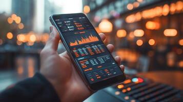 A user holds a smartphone displaying a banking app interface with transaction details and graphs. photo