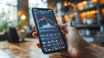 A person is holding a smartphone displaying financial data with charts and transaction details. This activity takes place in a cozy cafe environment, emphasizing modern mobile banking practices. photo