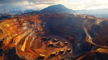 Heavy machinery works in a vast open pit mine, extracting minerals from layered earth in a rugged landscape, highlighting the scale of excavation and ongoing mining operations. photo