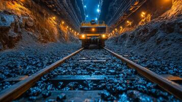 Heavy machinery operates inside a deep quarry, extracting minerals from the earth while illuminated walls enhance the industrial atmosphere of mining activities. photo