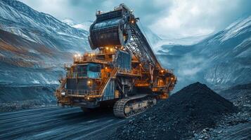 A massive excavator is actively extracting minerals in a large quarry nestled between mountain ranges, showcasing the scale of mining operations and infrastructure. photo
