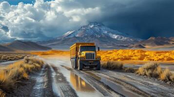 A heavy duty truck moves along a muddy road, transporting minerals amidst a stunning mountainous backdrop. The scene is highlighted by striking clouds and rich earth tones. photo