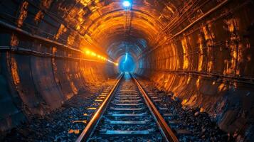 A mining tunnel reveals illuminated tracks that stretch toward a distant exit, highlighting the environment of mineral extraction and the complexity of underground infrastructure. photo