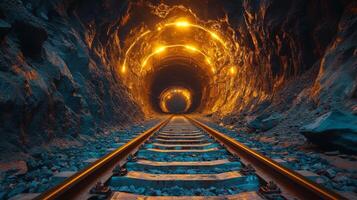 Tracks guide into a brightly illuminated tunnel within a mining site, emphasizing the advanced infrastructure used for mineral excavation and processing activities. photo