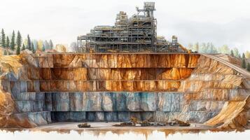 Excavation activities are underway in a well structured quarry displaying advanced mineral processing facilities atop layered rock formations, with heavy machinery in use below. photo