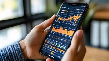 A person is holding a smartphone displaying a banking transaction verification screen. The phone shows detailed charts and statements, suggesting active monitoring of financial activities. photo