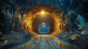 Bright lights illuminate the walls of a deep underground tunnel where mineral extraction and processing are taking place, revealing rocky textures and muddy paths. photo