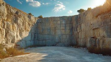 This site features a vast quarry with steep rock walls illuminated by the sun. Surrounding vegetation indicates a blend of natural and industrial landscapes where minerals are extracted. photo