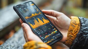 A person holds a smartphone displaying a banking app with financial data and graphs while sitting outdoors. photo