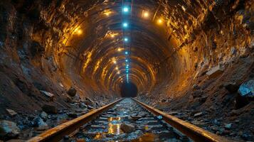 Illuminated tunnel revealing railroad tracks, rocky walls, and mineral rich deposits highlights the intricate structure of mining infrastructure during extraction operations. photo