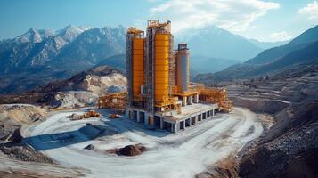 Mining activities are underway at a site located in hilly terrain. Heavy machinery is engaged in mineral extraction and processing amid scenic mountain views. photo