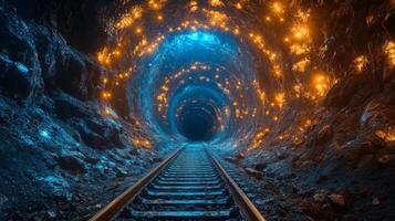 A long tunnel is visible, lined with metallic rails leading deeper into the earth. The walls of the tunnel are illuminated with a soft glow, revealing intricate textures and colors as mining operates. photo