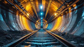 A mining tunnel features illuminated tracks guiding towards the depths of the excavation site. Rugged walls reveal the process of mineral extraction and ongoing infrastructure development. photo